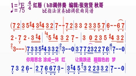 同步动态伴奏简谱视频合集 动态伴奏be指法演奏bb调《红唇》简谱